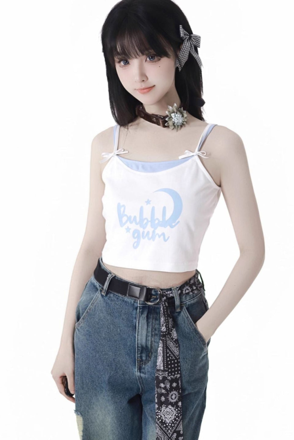 Plaid Shirt + Camisole + Denim Pants
