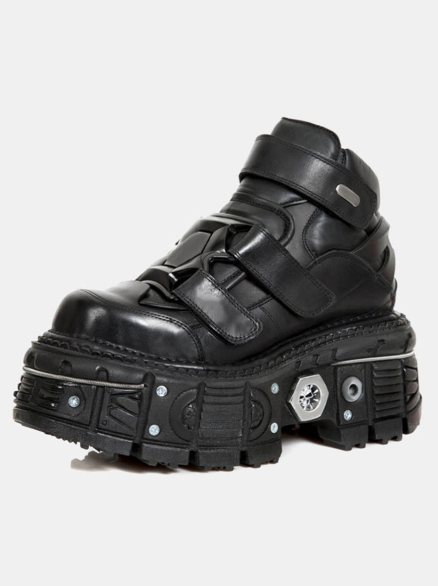 Dark Punk Style Platform Leather Metal High-top Shoes [plain/chain Nut]