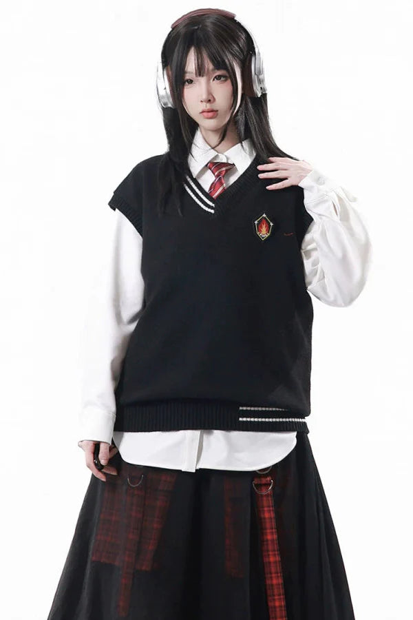 College Knit Vest + Shirt + Long Skirt + Pants + Tie