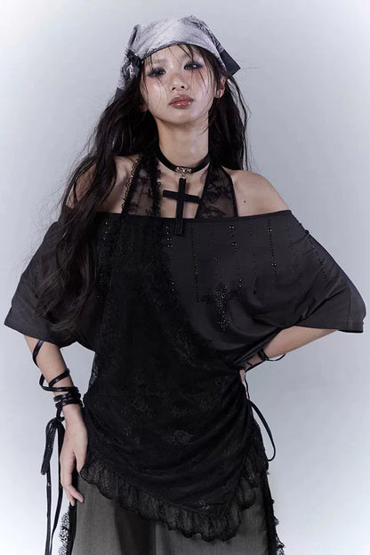 Sheer Off Shoulder Lace Halter Top