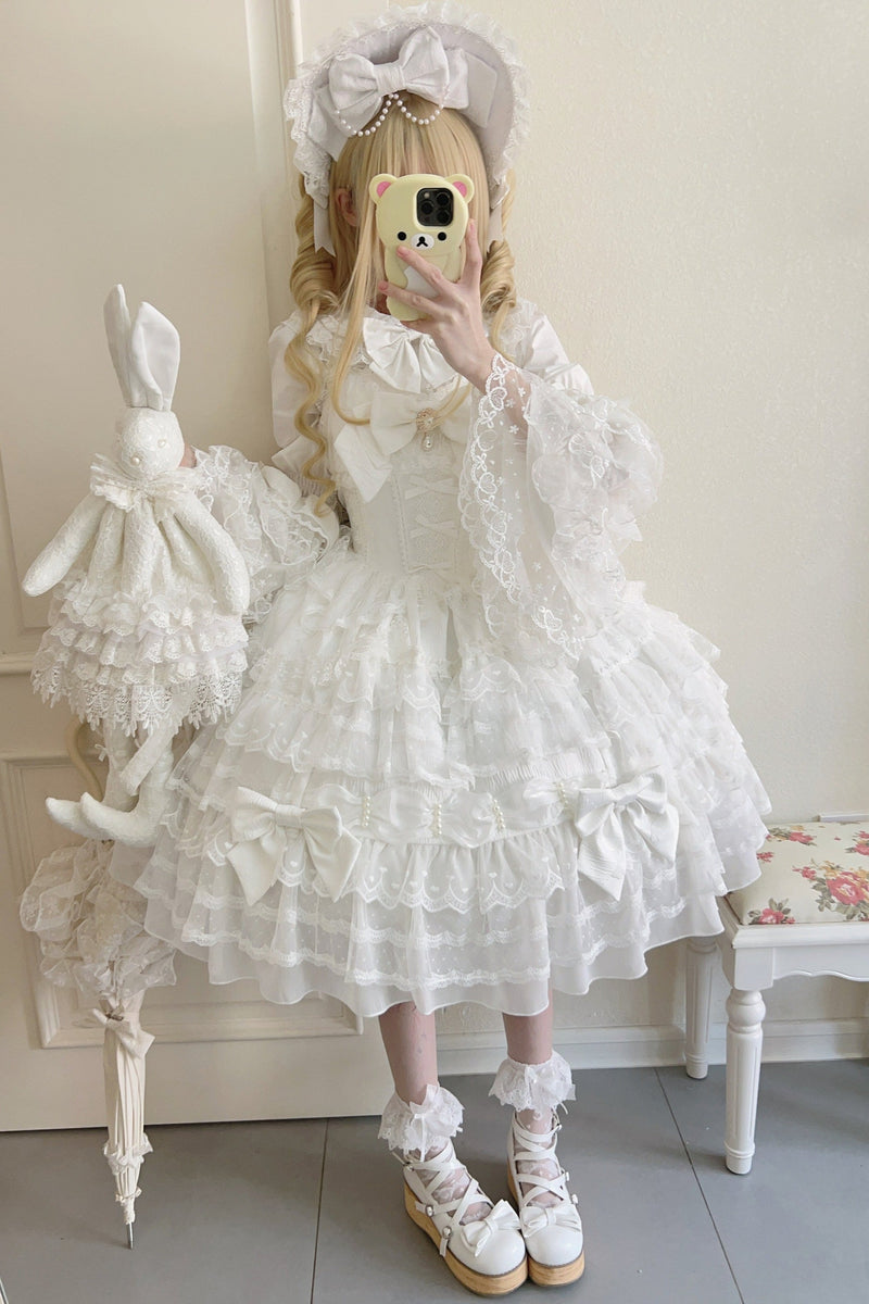 [pre-order] White Sugar Doll Princess Sleeve Suspender Dress Suit + Bonnet Hat