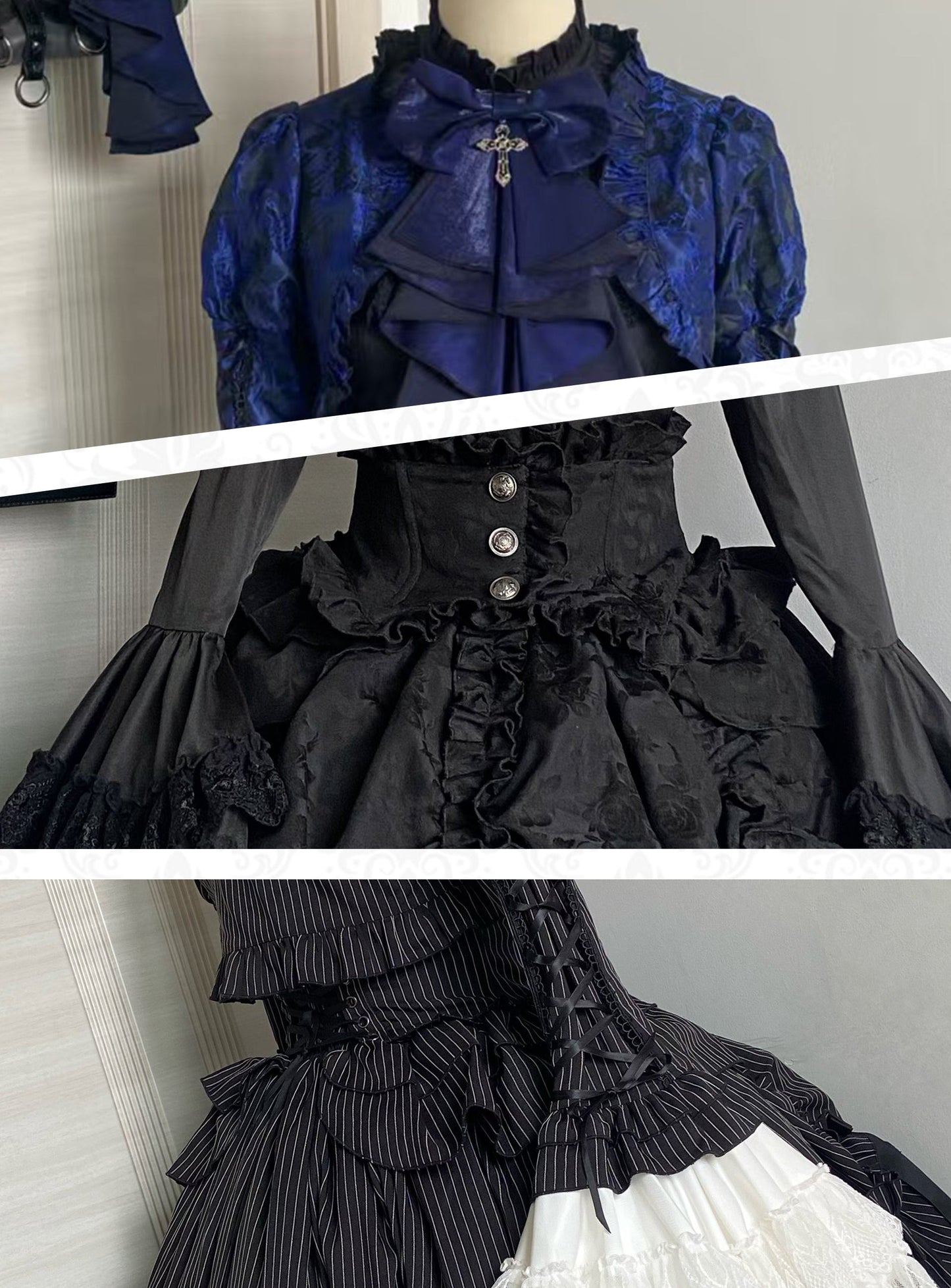 [pre-order Deadline: March 31] Cross Nocturne Gothic Dark Stripe Layered Top + Cross Rose Stripe Pull Up Skirt