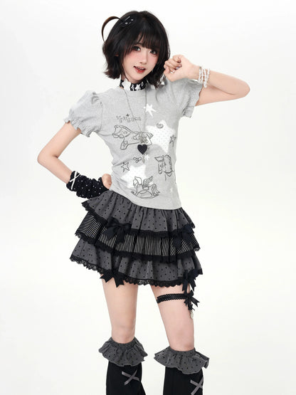 Starry Print Girly Puff Sleeve Top
