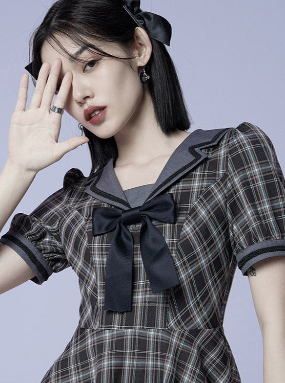 Plaid Bow Sailor Layered Dress