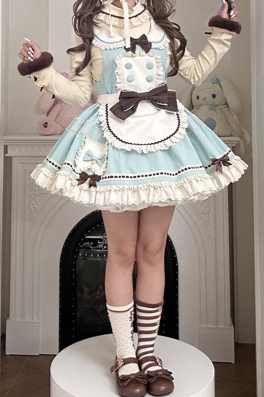 [pre-order Item]chocolate Mint Sailor Collar Girly Maid Dress + Cake Hat
