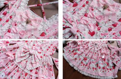 [pre-order Deadline: April 29] Strawberry Rabbit Print Lace Ribbon Sweet Dress + Complete Set