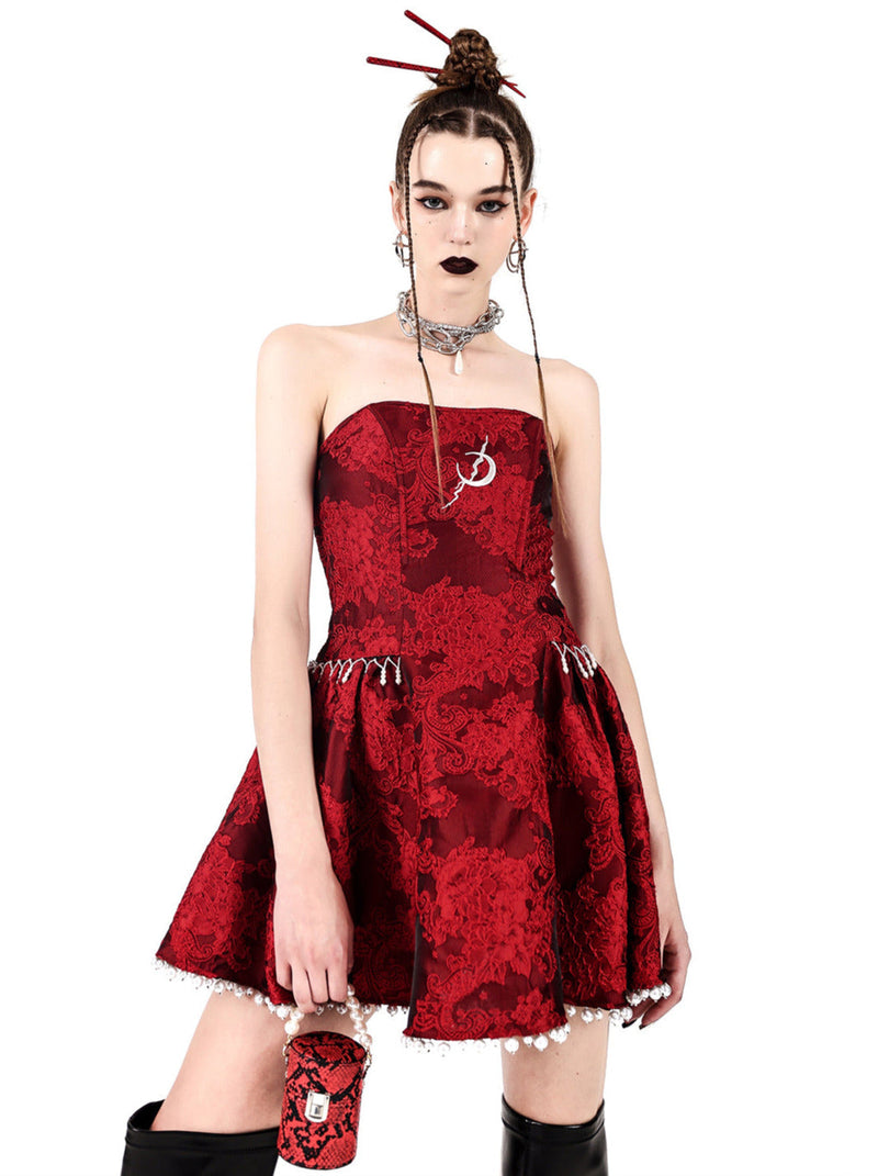 Electric Moon Dark Flower Embroidered Tube Top Pearl Dress