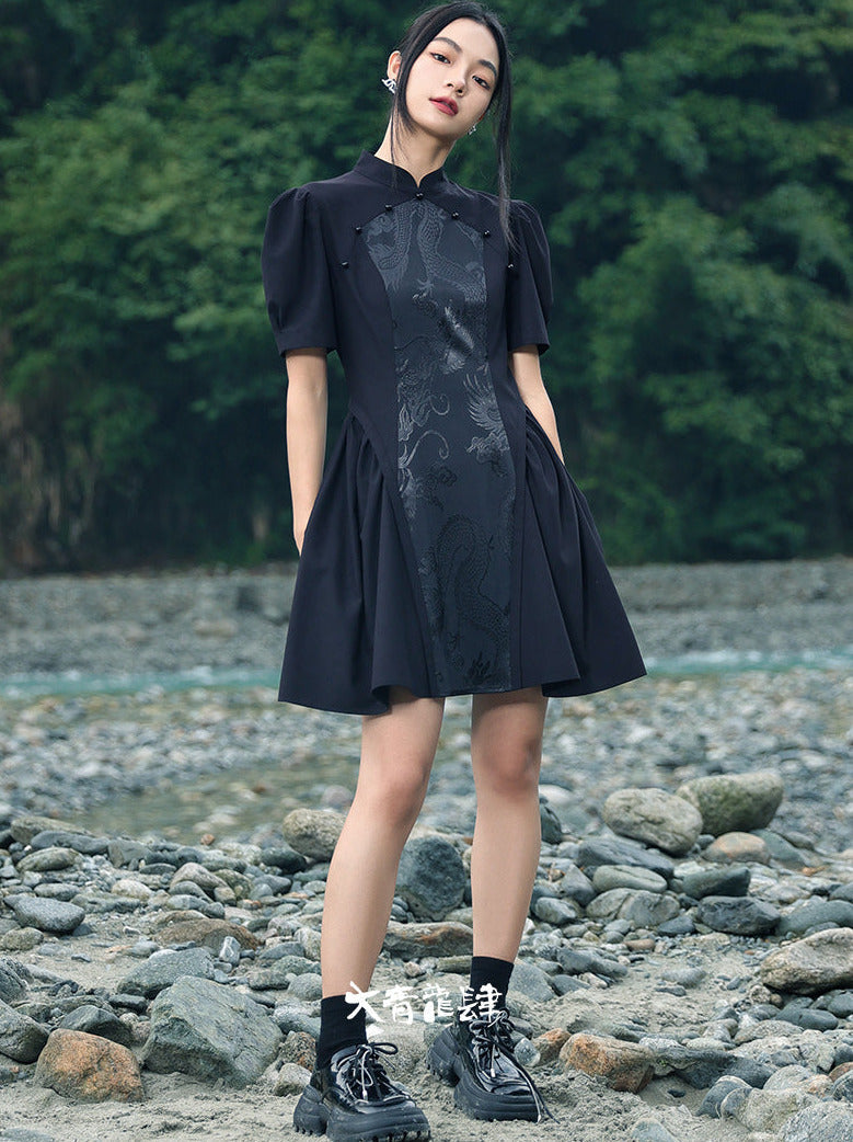Jacquard Retro Puff Sleeve Chinese-style Dress