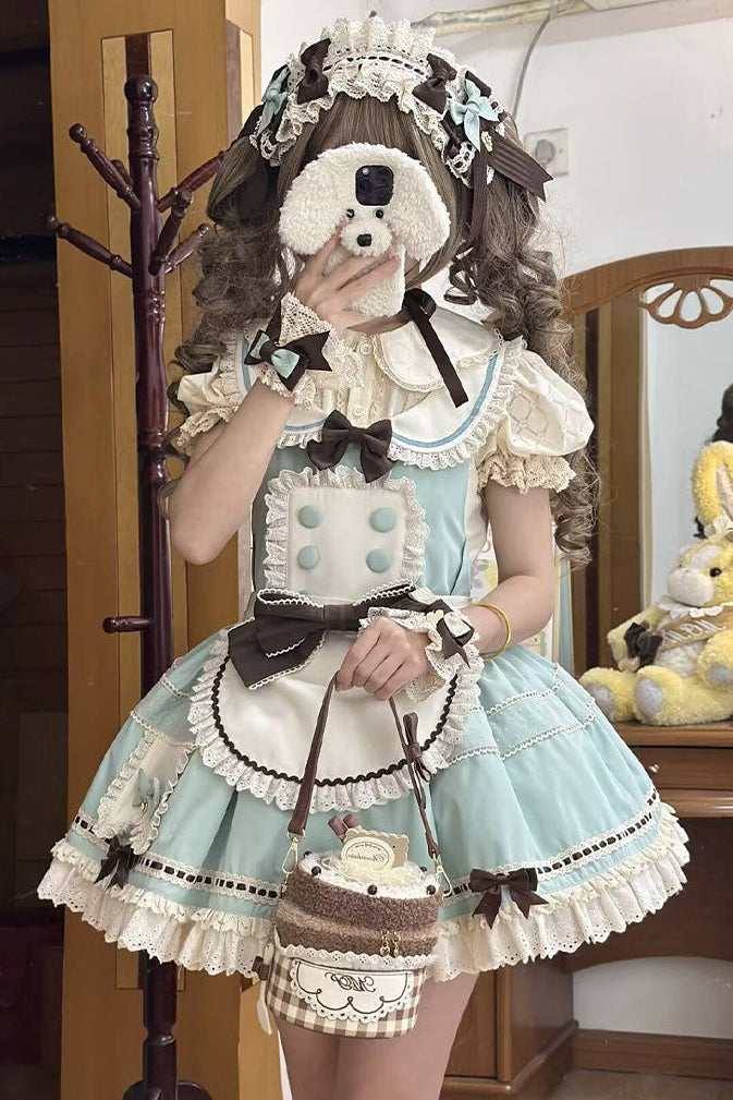 [pre-order Item]chocolate Mint Sailor Collar Girly Maid Dress + Cake Hat