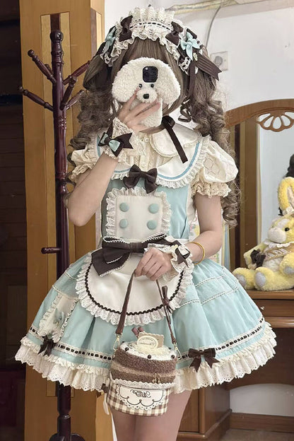[pre-order Item]chocolate Mint Sailor Collar Girly Maid Dress + Cake Hat