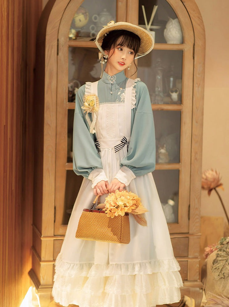 Stand Collar Double-breasted Coat Lace Apron Overskirt Set
