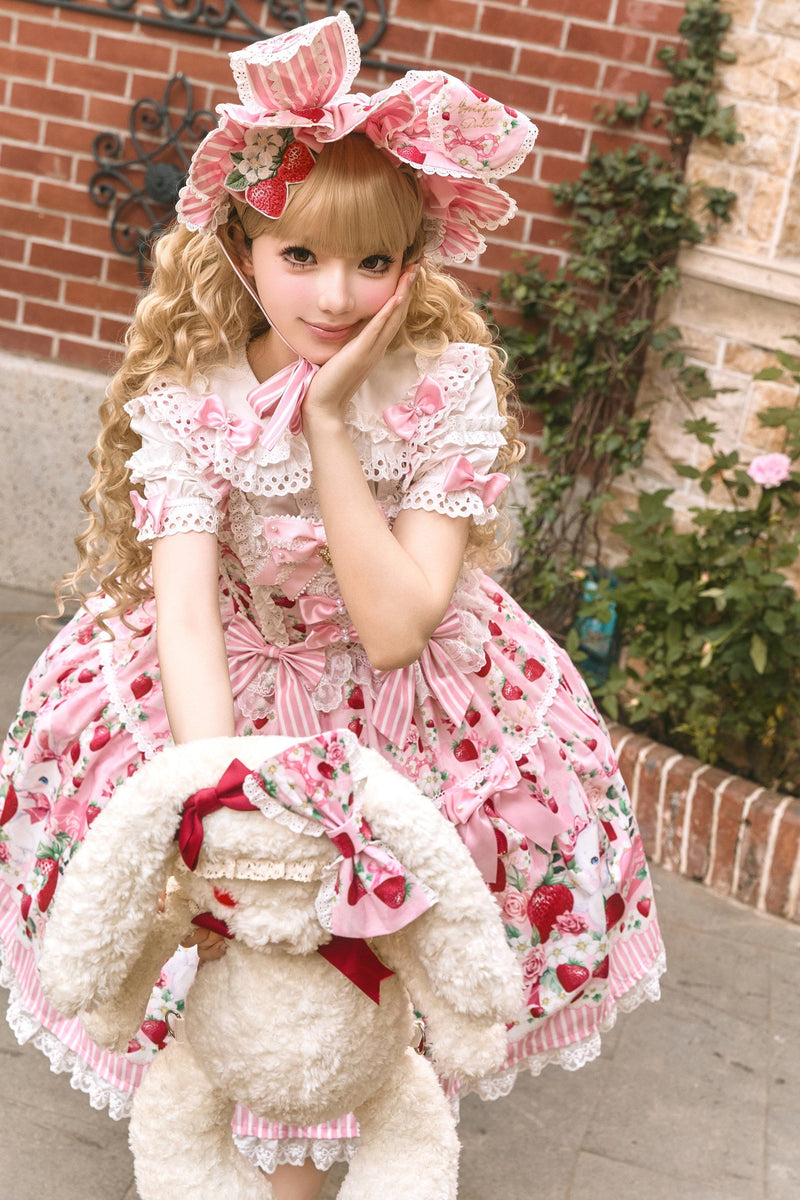 [pre-order Deadline: April 29] Strawberry Rabbit Ear Ribbon Shirt + Ruffled Shoulder Lace Ribbon Jk School Uniform Dress + Full Set/complete Set