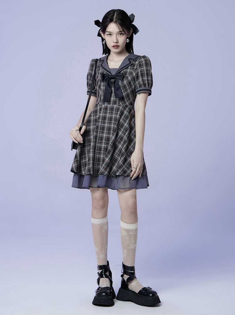Plaid Bow Sailor Layered Dress