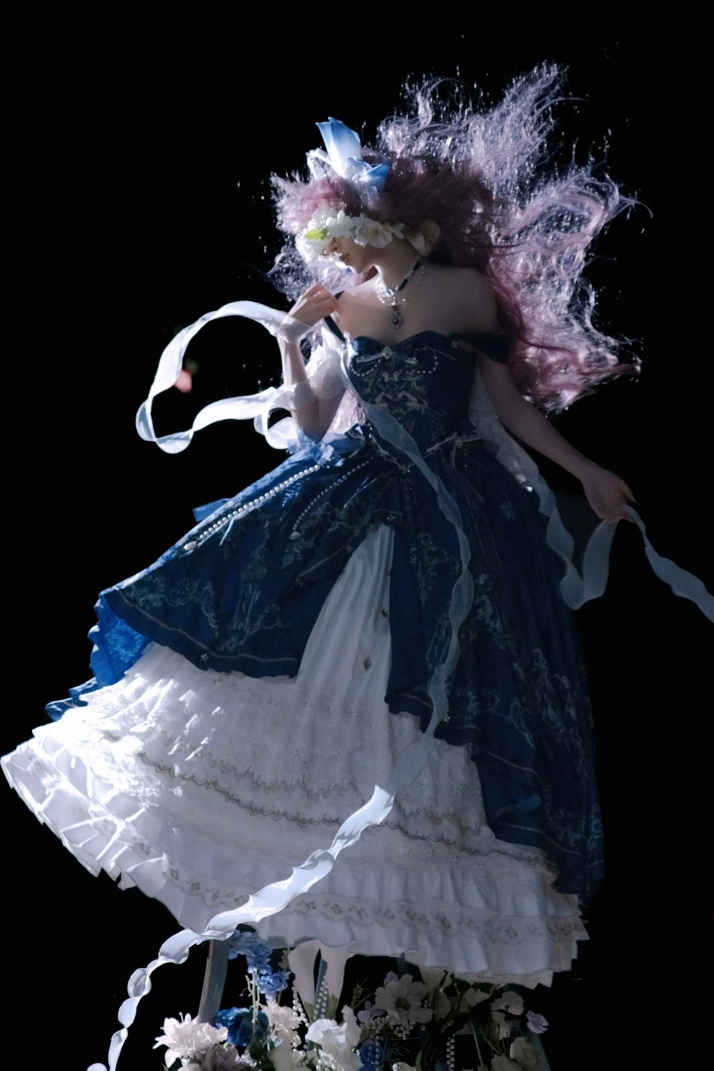 [pre-order Deadline: May 3] Dark Blue White Corset Lace Ribbon Lolita Jsk Princess Dress + Complete Set