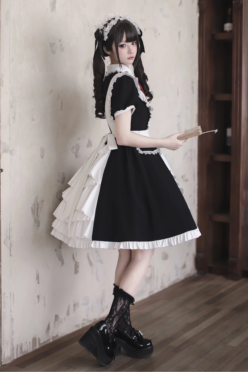 [pre-order Deadline: April 29] Black X White Gothic Lace Red Tie Collar Lolita Dress Type A/b