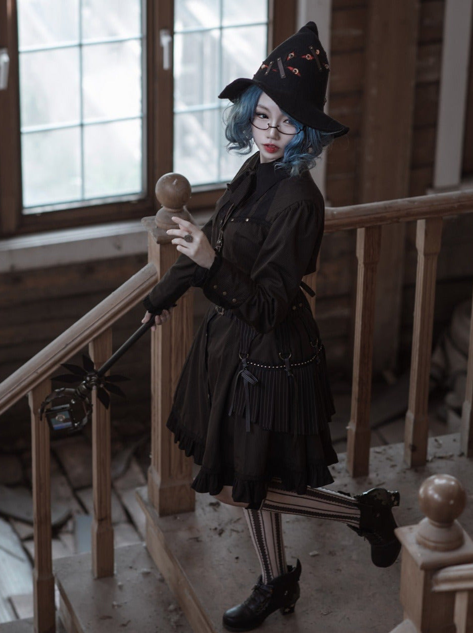 Steam Continental Ruffle Black Coffee Pinstripe Shirt Dress