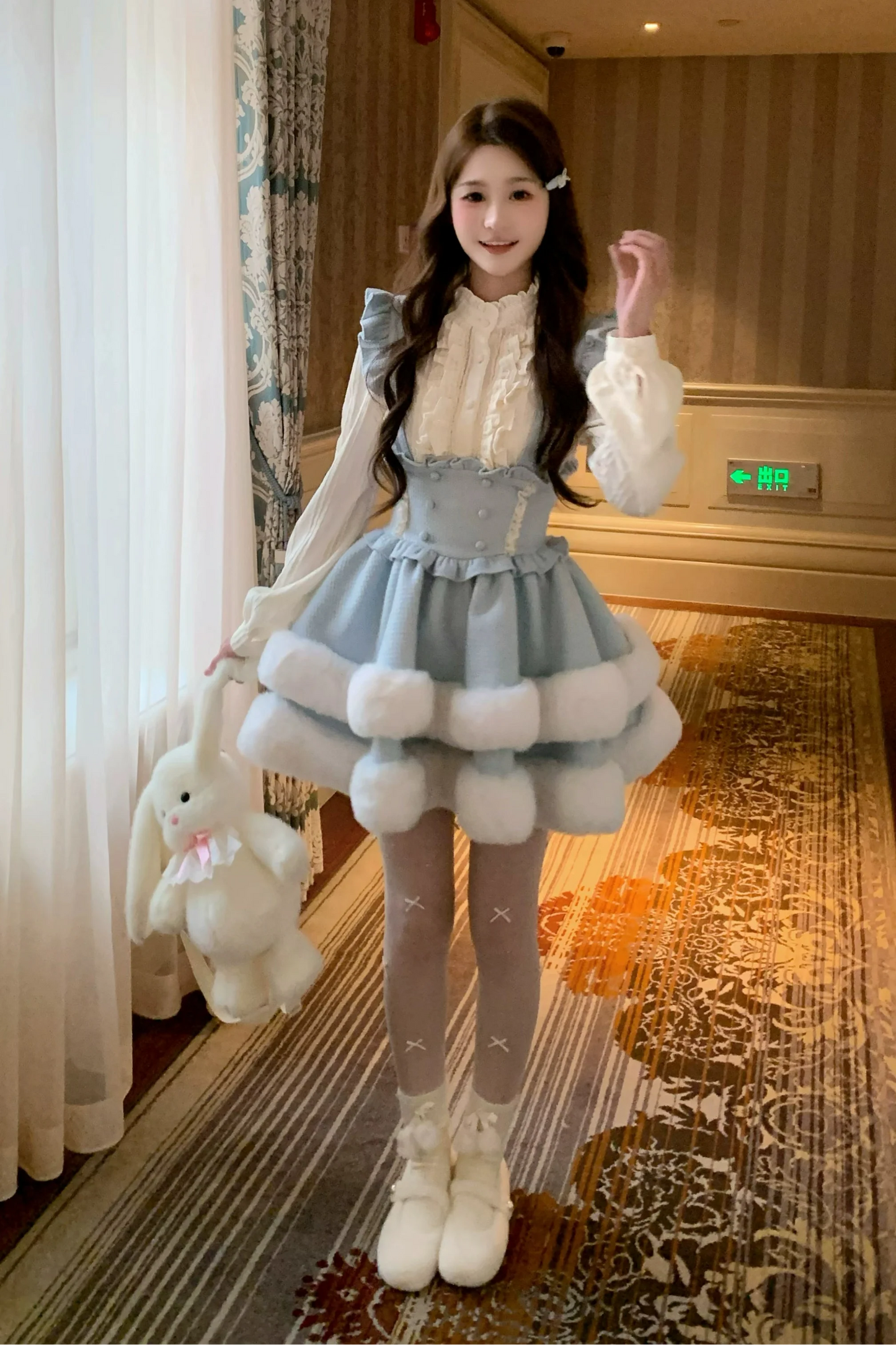 Light Blue Fur Collar Cape + Suspender Skirt + Shirt