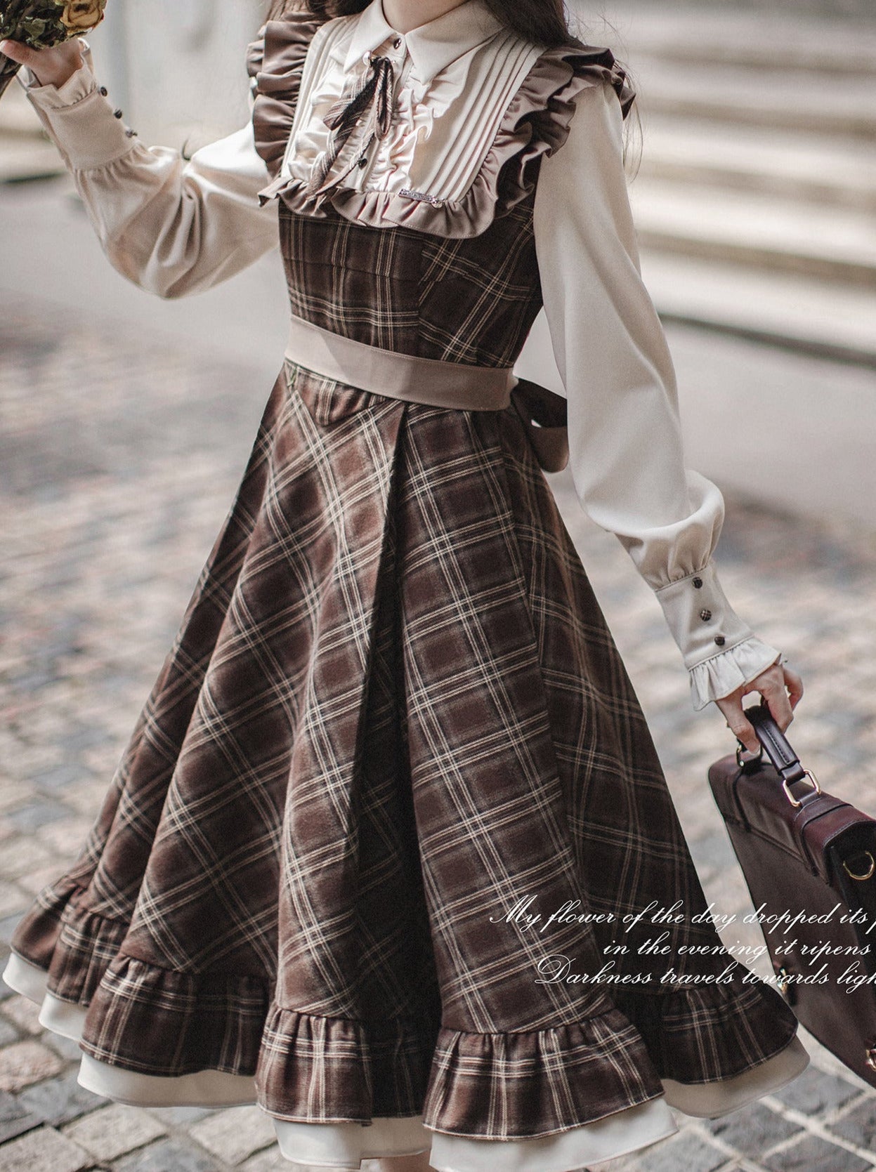 Retro Brown Plaid Volume Sleeveless Layered Dress + Pearl Ribbon Accessory + Classic Belt Coat [pre-order]