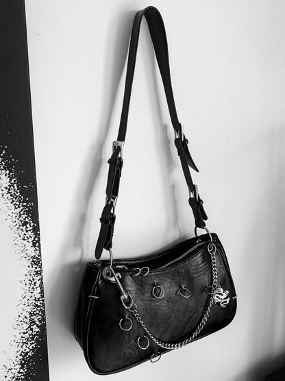 Retro Punk Metal Ring Chain Oil Wax Leather Bag