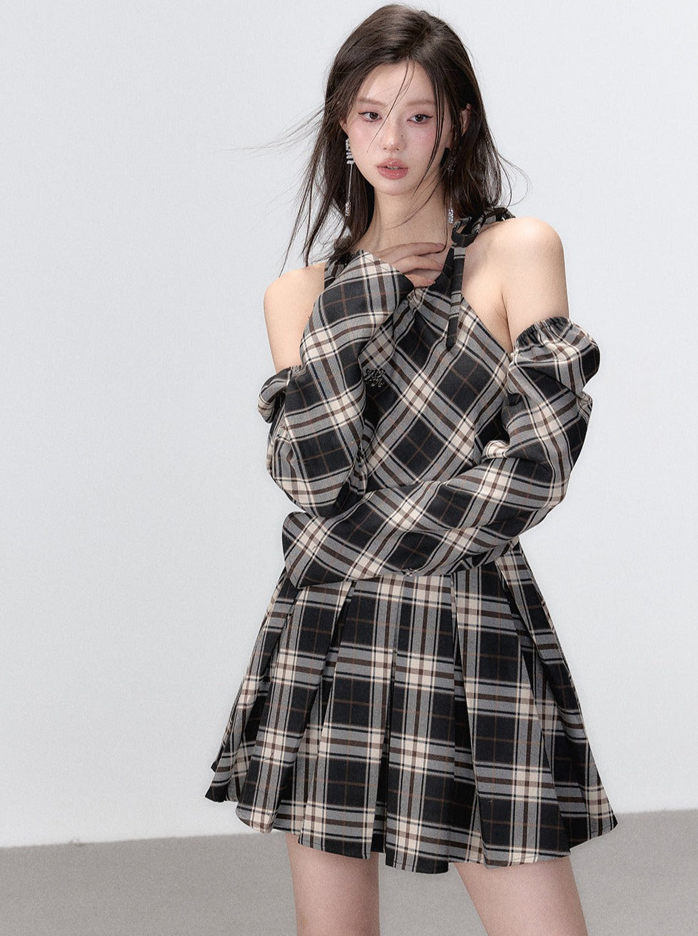 French Suspender Plaid Ribbon a Line Dress