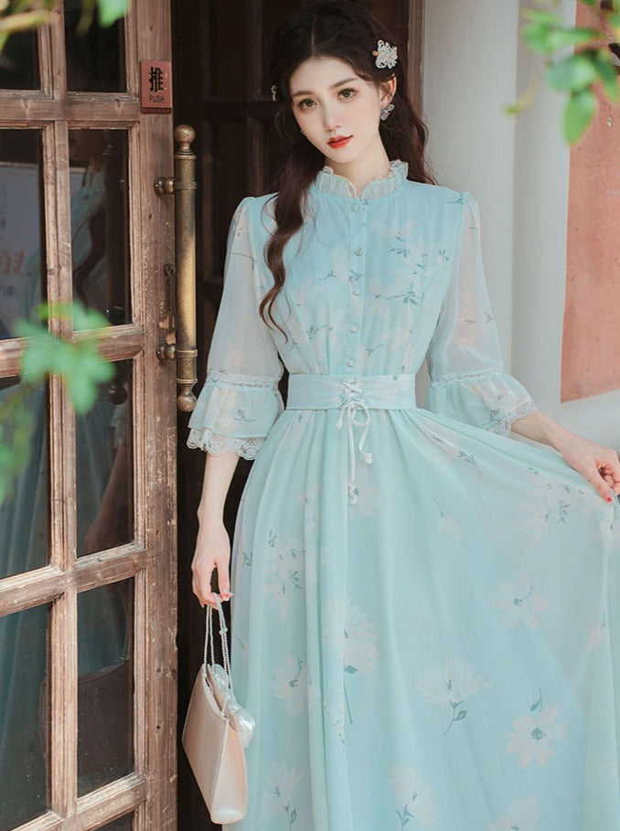 Retro Flower Stand Collar Dress