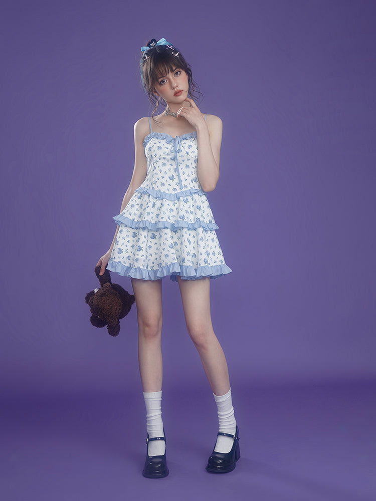 Pure Desire Blue Rose Tiered Suspender Dress + Short Pants