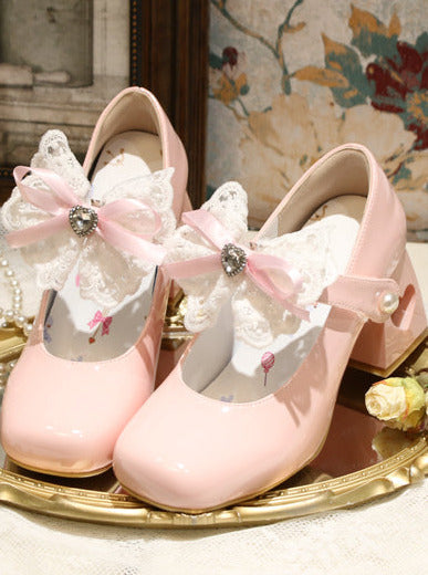 Lolita French Lace Ribbon Square Toe Love Heel Shoes