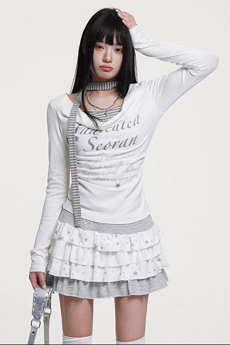 Layered Stripe Cowl Neck Fit Top (with Skinny Long Scarf)