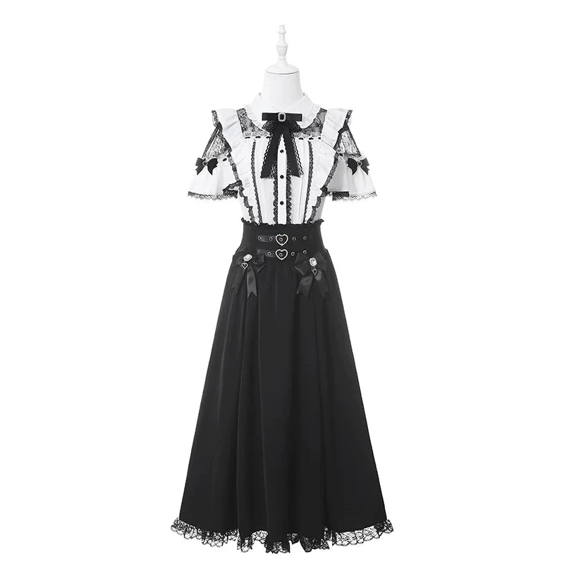 Lace Dark Kawaii Blouse + Heart Ring Long Skirt