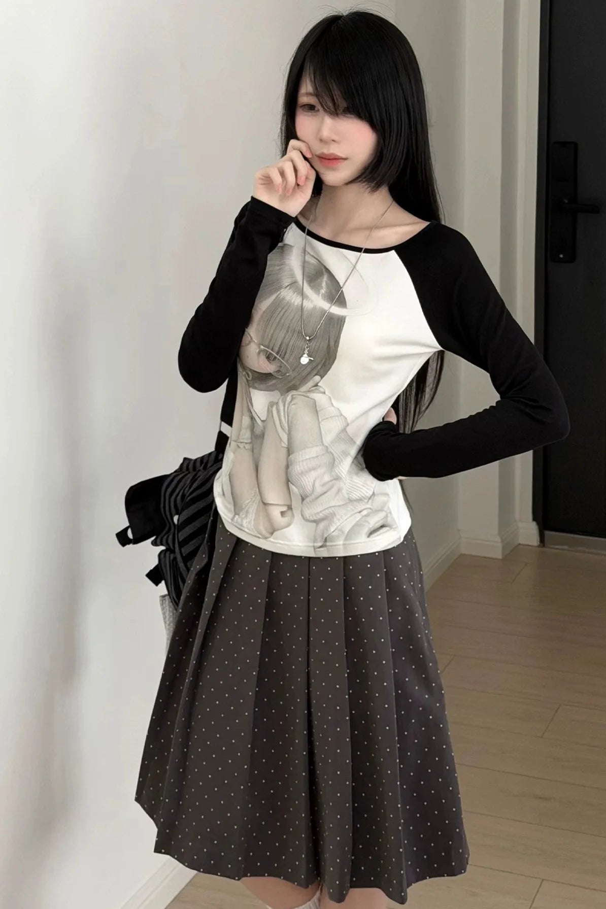 Black and White Raglan Top + Pleated Skirt
