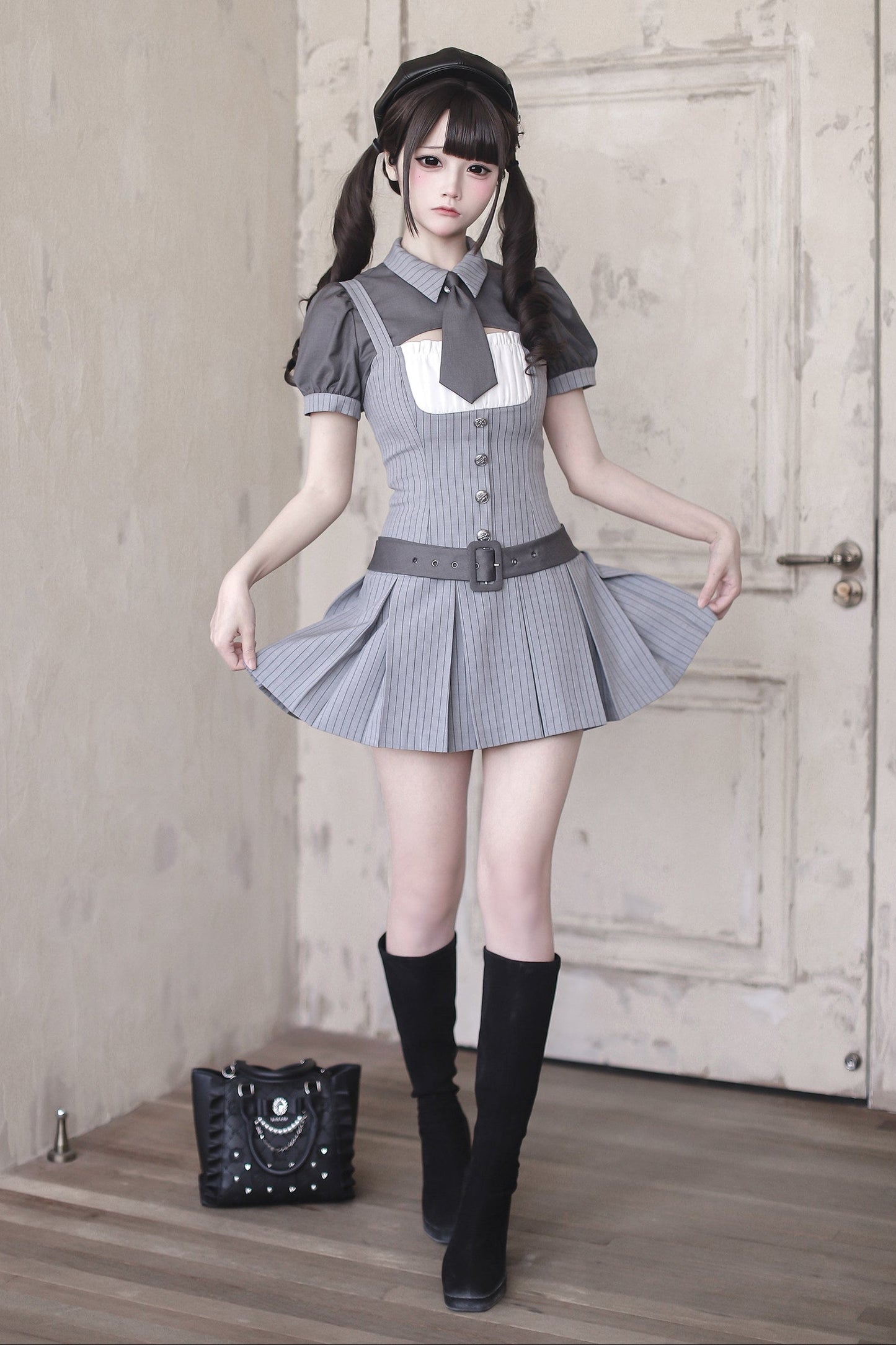 [pre-order Deadline: April 15] Gray Pinstripe Tie Collar Short Jacket Dress Full Set + Jewel Casquette
