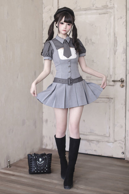 [pre-order Deadline: April 15] Gray Pinstripe Tie Collar Short Jacket Dress Full Set + Jewel Casquette