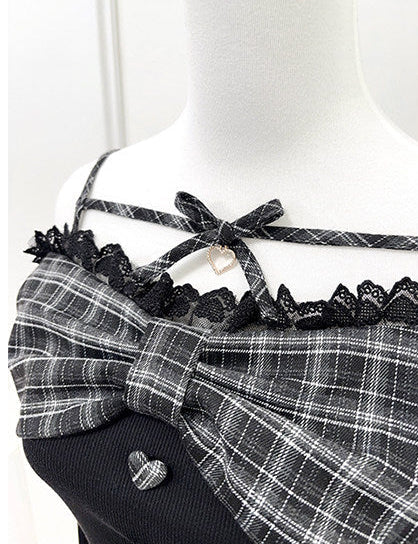 Off-shoulder Lace Ribbon Strap Knit Top