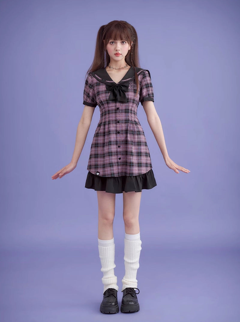 Cool Girly Sailor Checkered Dress