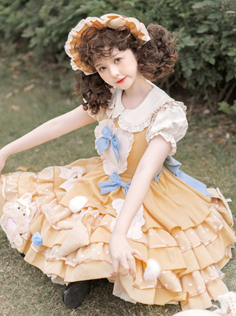 Doll Puff Sleeve Shirt + Bear Cheese Tiered Lolita Dress