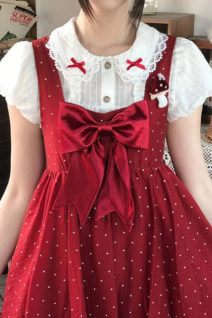 Ribbon Collar Top + Polka Dot Suspender Skirt