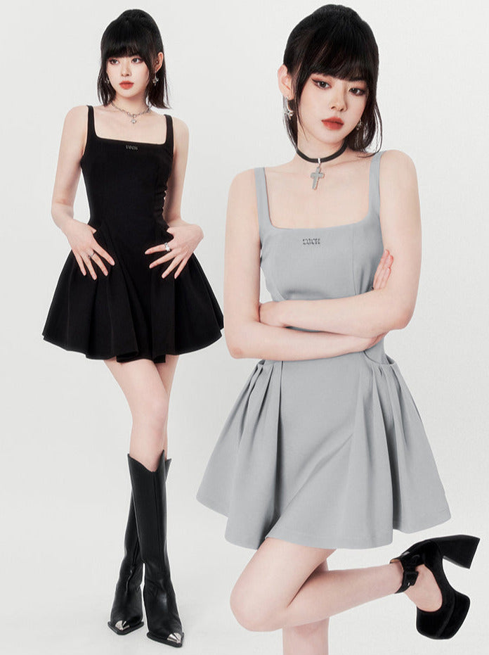 Hot Girl Black & Gray Square Neck French High End Suspender Dress