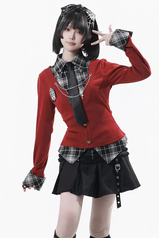 Checkered Top + Skirt + Tie