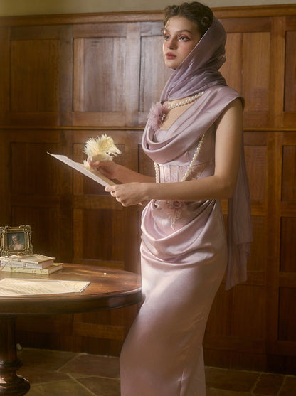 French Romantic Design Heavy Purple Satin Light Fishbone Dress