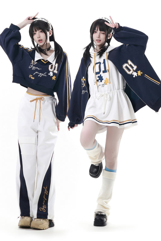 College Blue Jacket + Hoodie Dress + Pants + Sweat