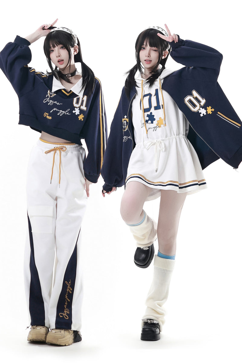 College Blue Jacket + Hoodie Dress + Pants + Sweat