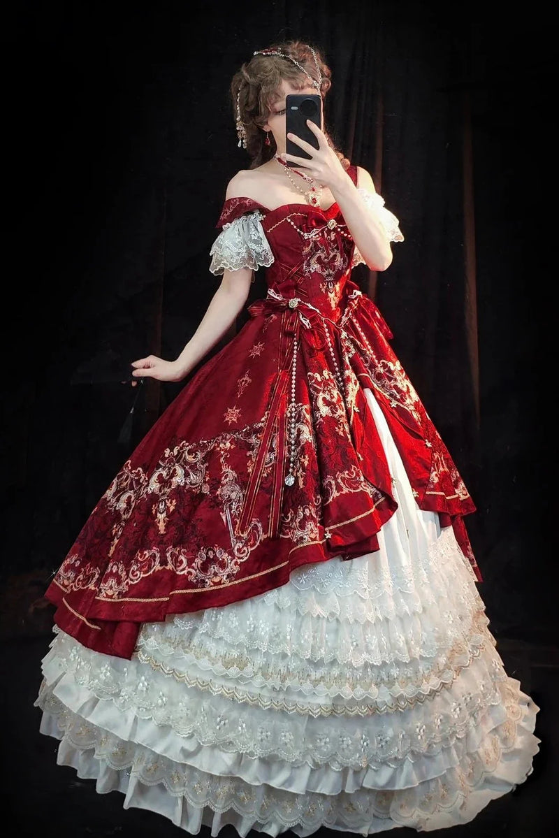 [pre-order Deadline: May 3] Red White Corset Lace Ribbon Lolita Jks Princess Dress + Complete Set