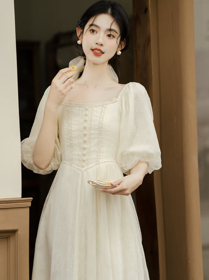 French Square Neck Lantern Sleeve Dress