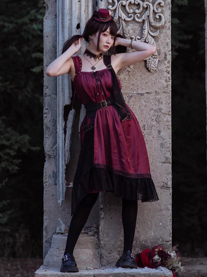 [pre-order] Wine Red Shoulder Strap Light Gothic Doll Asymmetric Dress
