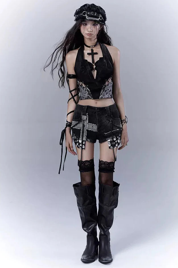 Dark Lace Patchwork Leather Camisole