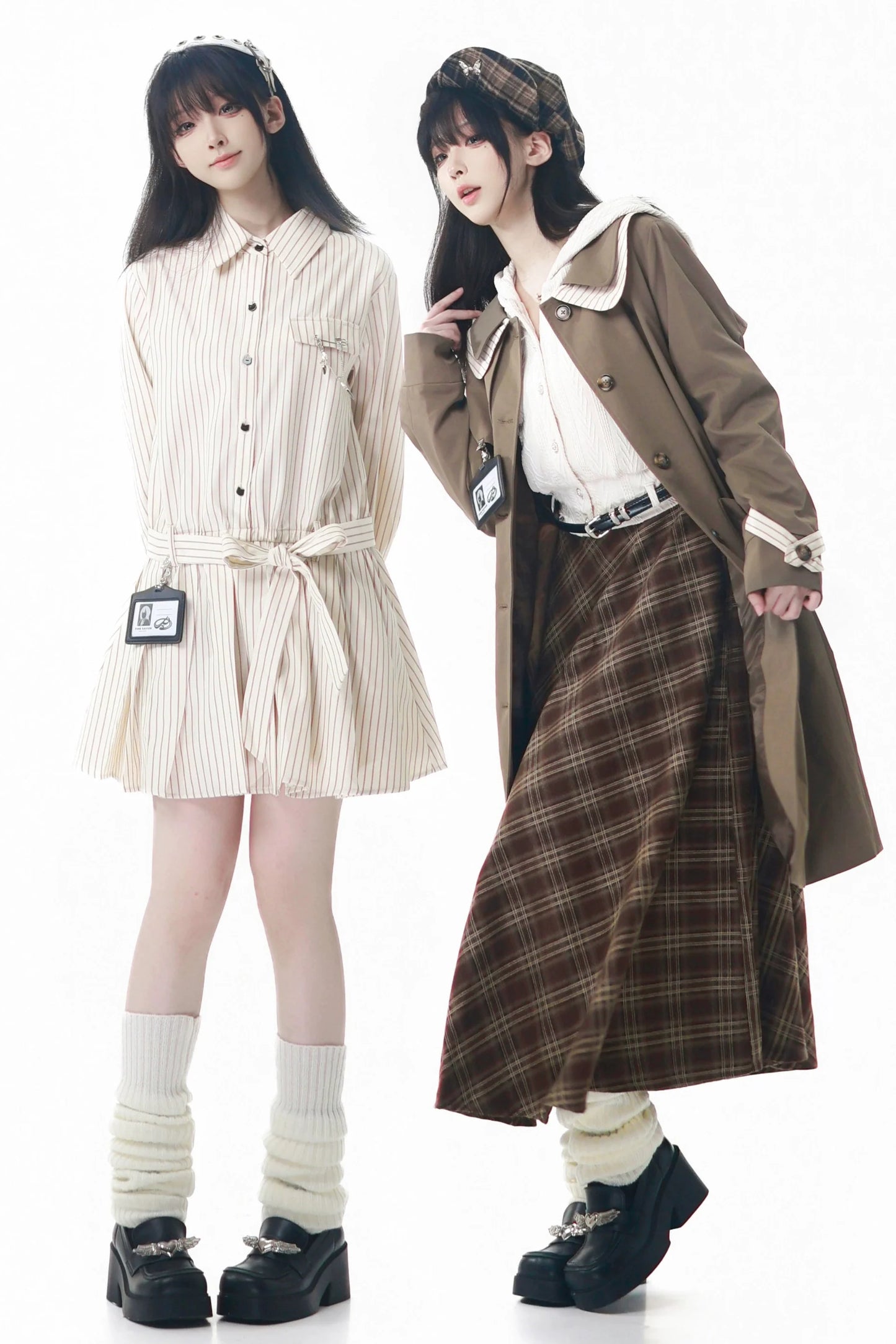 Maple Trench Coat + Hooded Top + Checkered Skirt + Shirt Dress