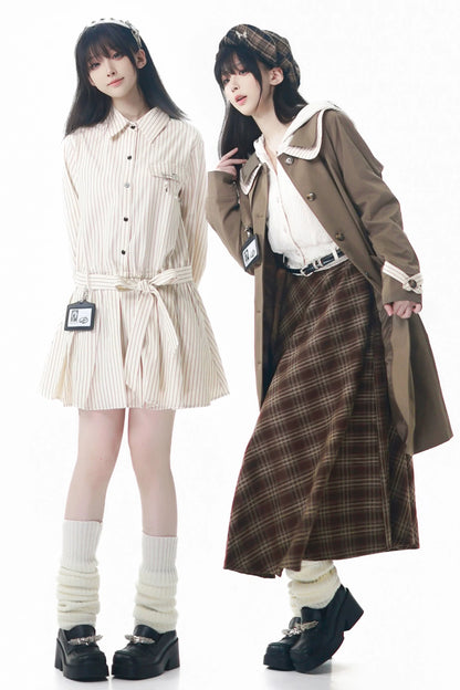 Maple Trench Coat + Hooded Top + Checkered Skirt + Shirt Dress