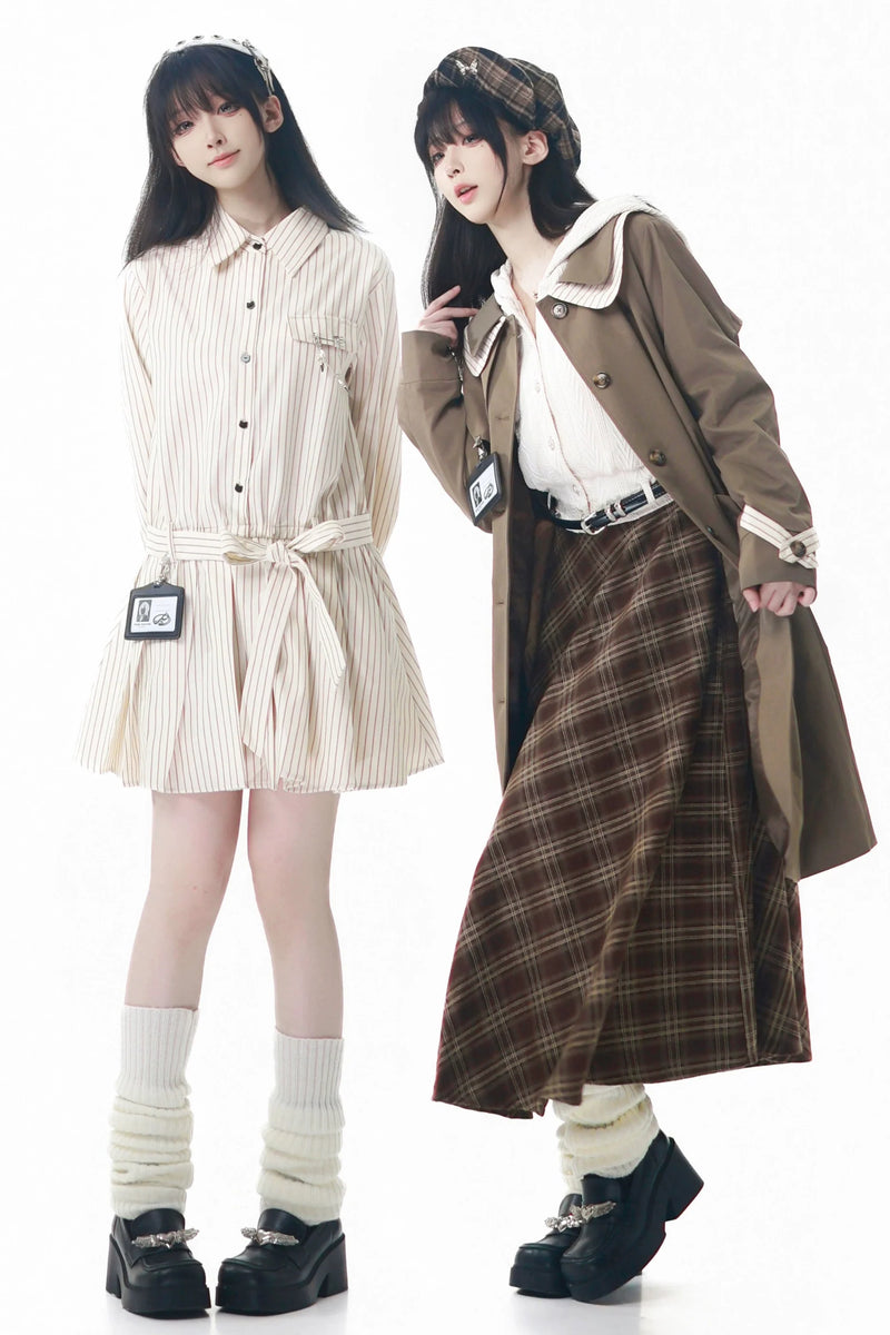 Maple Trench Coat + Hooded Top + Checkered Skirt + Shirt Dress