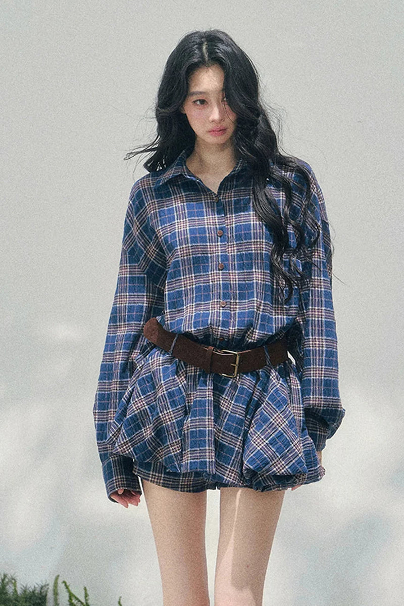 American Polo Collar Check Dress + Pants + Belt