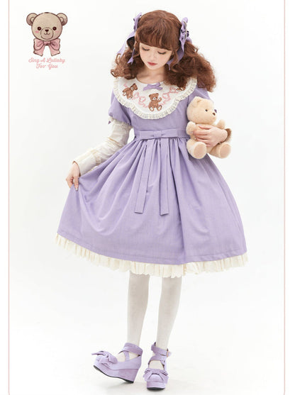 [pre-order] Lolita Teddy Bear Flap Lace Puff Sleeve Ribbon Dress